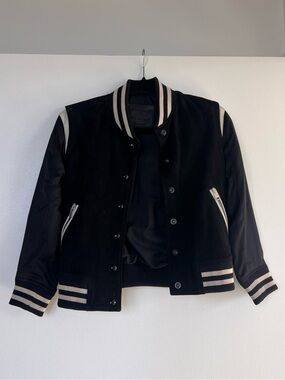 All Saints Black Bomber Jacket with Cream Stripe Trim